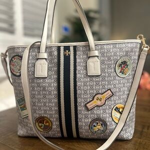 Tory Burch White and Blue Patterned Tote Bag